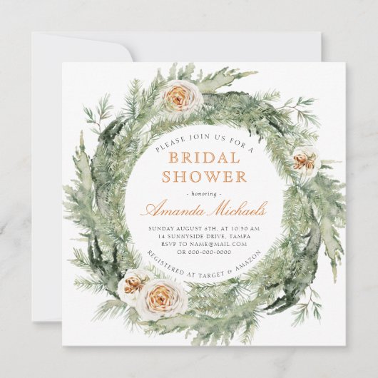 Winter Holiday Greenery Pine Roos Vrijgezellenfees Kaart (Voorkant)