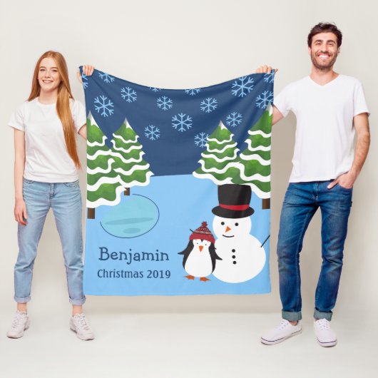 Winter Holiday Penguin en Snowman Kerstmis Fleece Deken (In situ)