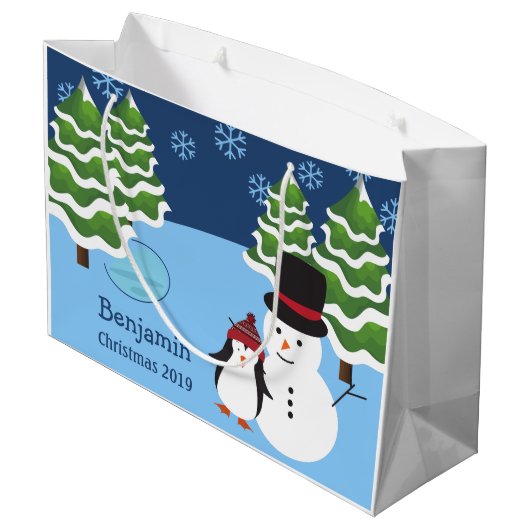 Winter Holiday Penguin en Snowman Kerstmis Groot Cadeauzakje (Achterkant Gekanteld)