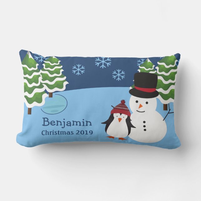 Winter Holiday Penguin en Snowman Kerstmis Kussen (Voorkant)