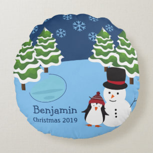 Winter Holiday Penguin en Snowman Kerstmis Rond Kussen