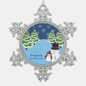 Winter Holiday Penguin en Snowman Kind Tin Sneeuwvlok Ornament (Voorkant)