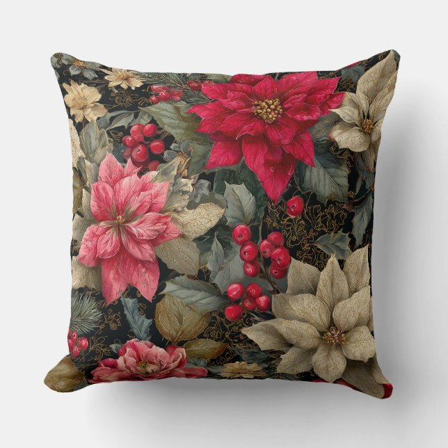 Winter Holiday Poinsettias And Berries Floral Kussen (Voorkant)