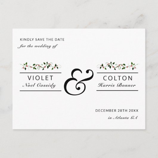Winter Holiday Red Berry Wedding Save the Date Briefkaart (Voorkant)