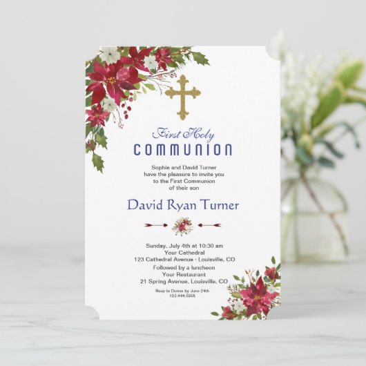 Winter Holiday Red White Poinsettia Heilige Commun Kaart (Staand voorkant)