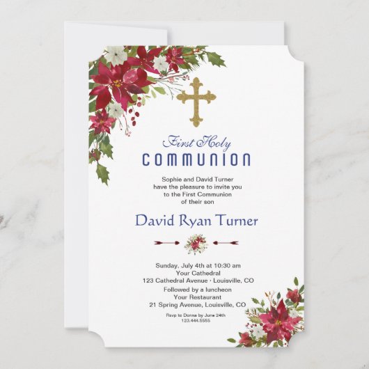 Winter Holiday Red White Poinsettia Heilige Commun Kaart (Voorkant)