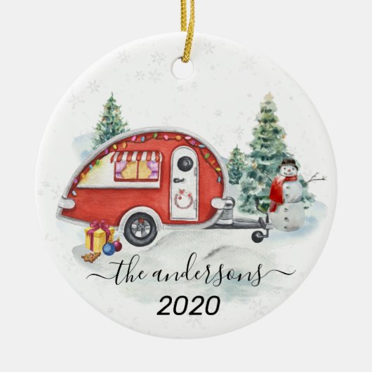 Winter Holiday RV Camper Monogram Sneeuw  Keramisch Ornament (Voorkant)