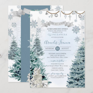 Winter Holiday Silver en Blue Snow Quinceañera Kaart