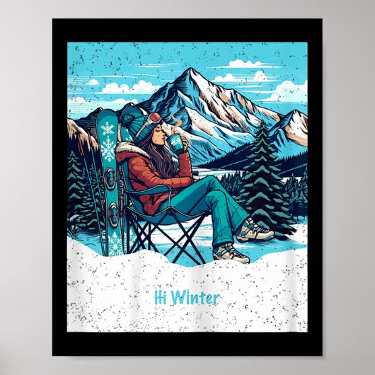 Winter Holiday Skier Woman Drinking Coffee Christm Poster (Voorkant)