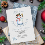 Winter Holiday | Snowman Party Modern Blue Kaart<br><div class="desc">Winter feestdagen blauw en grijze feestuitnodiging in moderne typografie-stijl met een waterverf hand die een grappige sneeuwman heeft geschilderd,  een blauw sneeuwvlok en een gestileerd sneeuwvlokpatroon aan de achterkant.         Personaliseer het met uw details!        Geschikt voor seizoensgebonden winterpartijen - open huis/kerstvakantie-kantoor of familiepartij.</div>