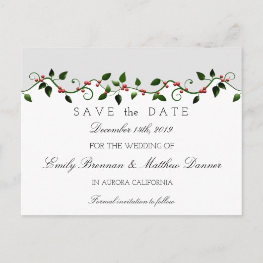 Winter Holiday Wedding Holly Berry Bewaar de datum Aankondigingskaart (Voorkant)