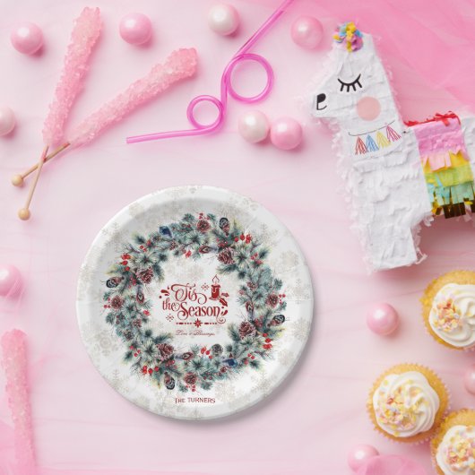 Winter Holiday Wreath 'Dit is het seizoensmonogram Papieren Bordje (Feest)