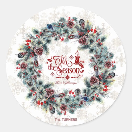 Winter Holiday Wreath 'Dit is het seizoensmonogram Ronde Sticker (Voorkant)