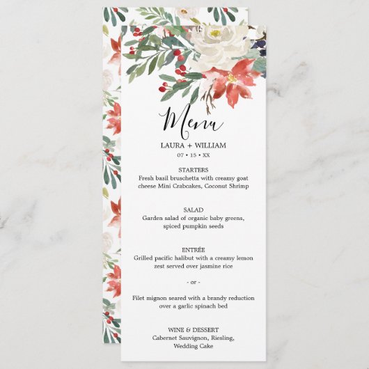 Winter Holly Berries en Floral Kerstmis Menu (Voorkant / Achterkant)