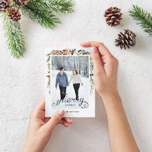 Winter Holly Berries & Floral Photo Holiday Kaart