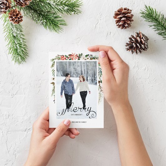 Winter Holly Berries & Floral Photo Holiday Kaart