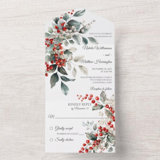 Winter Holly Berry All In One Uitnodiging (Binnen)