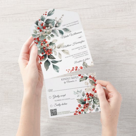Winter Holly Berry met QR-code All In One Uitnodiging (Afscheurbaar)