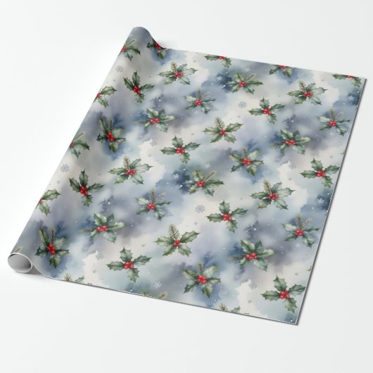 Winter Holly Christmas Cadeaupapier (Uitgerold)