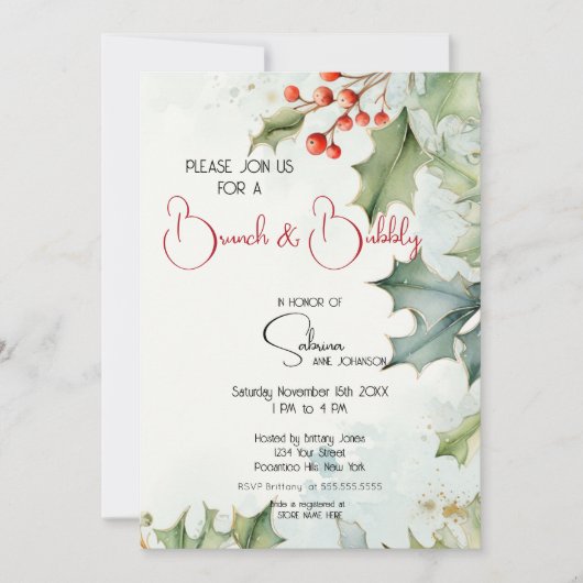 Winter Holly en bessen Brunch en Bubble Kaart (Voorkant)