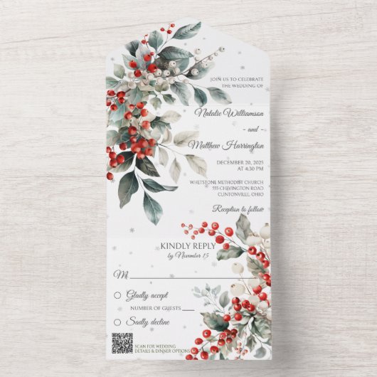 Winter Holly en sneeuwvlokken met QR-code All In One Uitnodiging (Binnen)