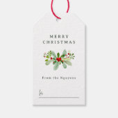 Winter Holly & Pine Kerstmis Groet Familienaam Cadeaulabel (Voorkant)
