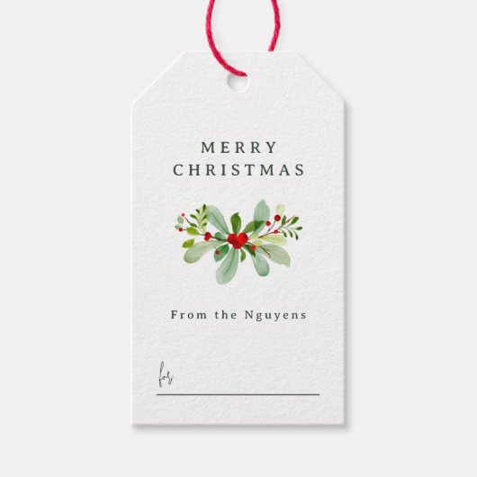 Winter Holly & Pine Kerstmis Groet Familienaam Cadeaulabel (Voorkant)