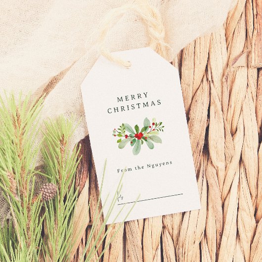 Winter Holly & Pine Kerstmis Groet Familienaam Cadeaulabel