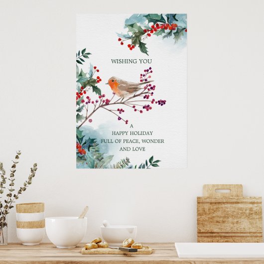 Winter Holly Red Robin Kerstmis Poster (Keuken)