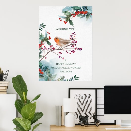 Winter Holly Red Robin Kerstmis Poster (Thuiskantoor)