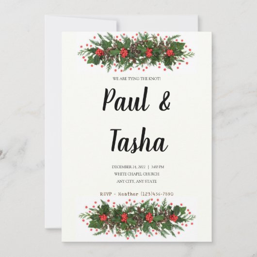 Winter Holly Wedding Invitation Kaart (Voorkant)