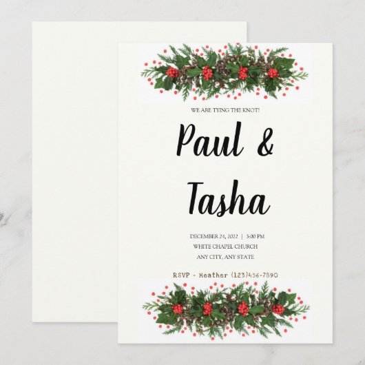 Winter Holly Wedding Invitation Kaart (Voorkant / Achterkant)