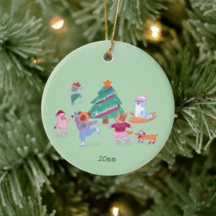Winter Honden Schaatsen Moss Groene Kerst Foto Keramisch Ornament