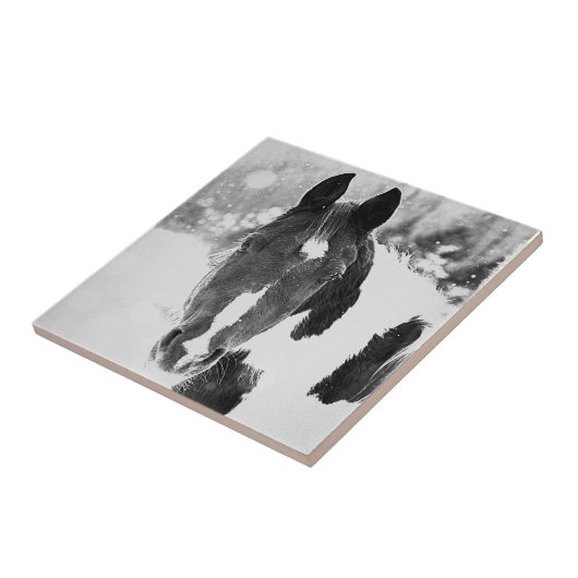 Winter Horse B&W Ceramic Tile Tegeltje (Zijkant)