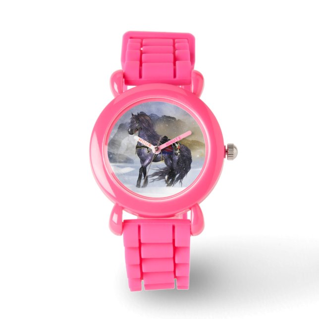 Winter Horse Kind Glitter Horloge, Roze Glitter Horloge (Voorkant)