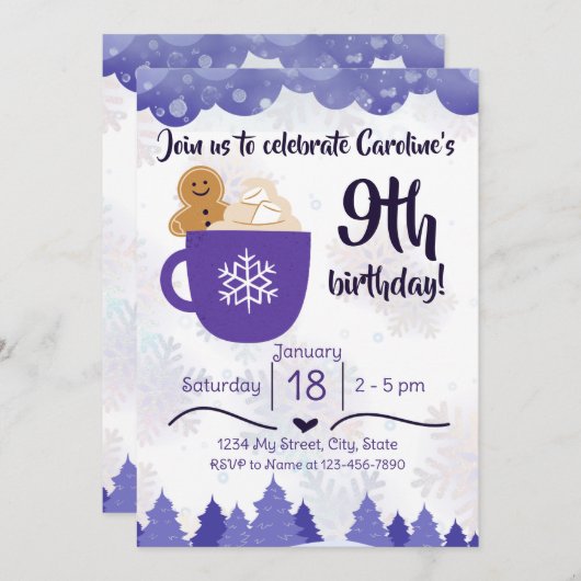 Winter Hot Cocoa Verjaardag Uitnodiging (Voorkant / Achterkant)