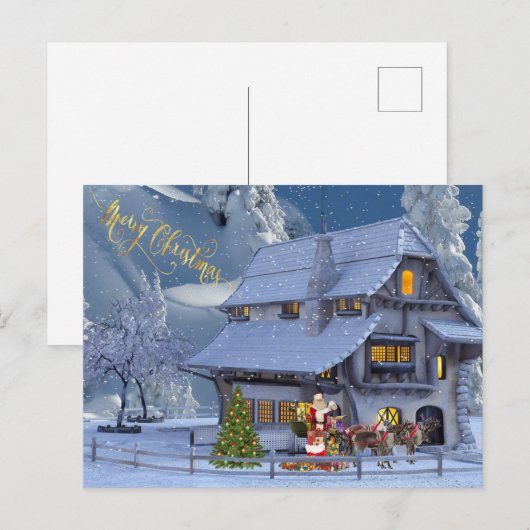 Winter House en Santa Claus Briefkaart (Voorkant / Achterkant)