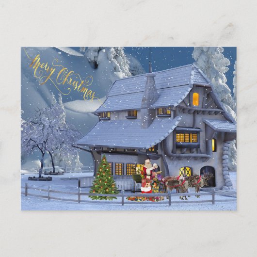 Winter House en Santa Claus Briefkaart (Voorkant)