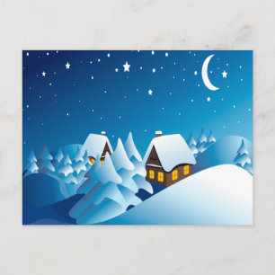 Winter, House, Night, Moon and Stars Briefkaart