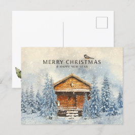 Winter Hout Huis en Pine Feestdagenkaart