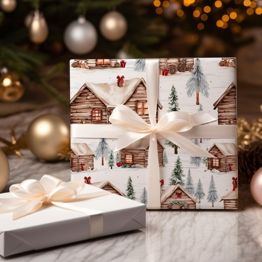 Winter Houten Cabine Kerstmis Cadeaupapier