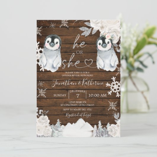 Winter Houten Pinguïn Geslacht Reveal Hij of Zij  Kaart (Staand voorkant)