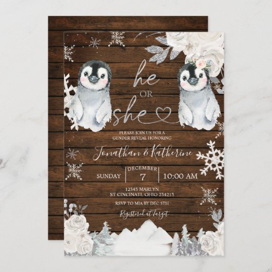 Winter Houten Pinguïn Geslacht Reveal Hij of Zij  Kaart (Voorkant / Achterkant)