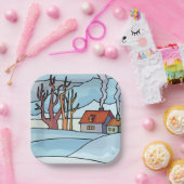 Winter Huis Landschap Papieren Bordje (Feest)