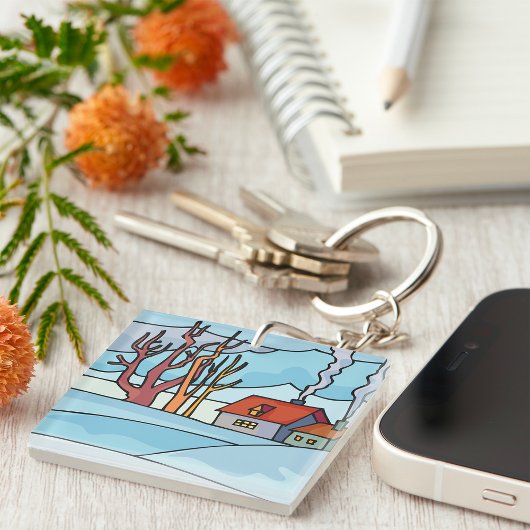 Winter Huis Landschap Sleutelhanger