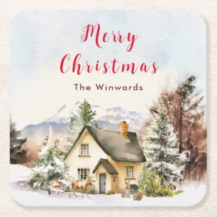 Winter Huisje Kerstvakantie Prettig Kerstfeest Kartonnen Onderzetters