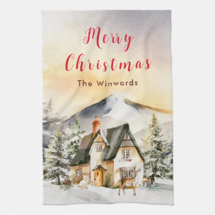 Winter Huisje Kerstvakantie Prettig Kerstfeest Theedoek