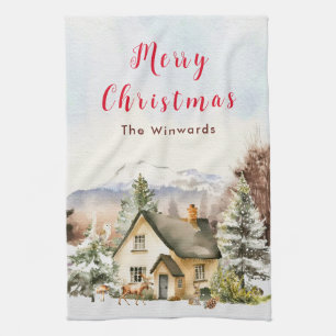 Winter Huisje Kerstvakantie Prettig Kerstfeest Theedoek