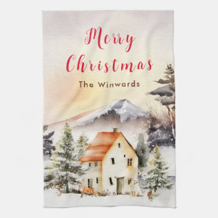 Winter Huisje Kerstvakantie Prettig Kerstfeest Theedoek