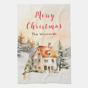 Winter Huisje Kerstvakantie Vrolijk Kerstfeest Theedoek